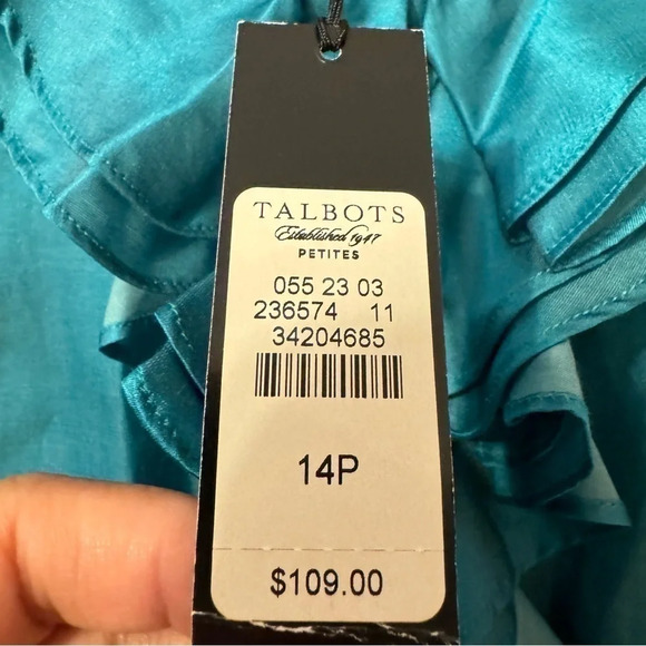 Talbots Turquoise Silk Cotton Ruffle  Bib Top Blouse Womens Size 14P NWT - Picture 8 of 9